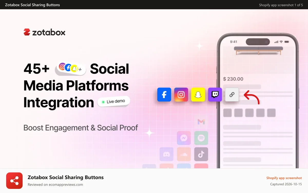 Zotabox Social Sharing Buttons Shopify app screenshot: Social media platforms