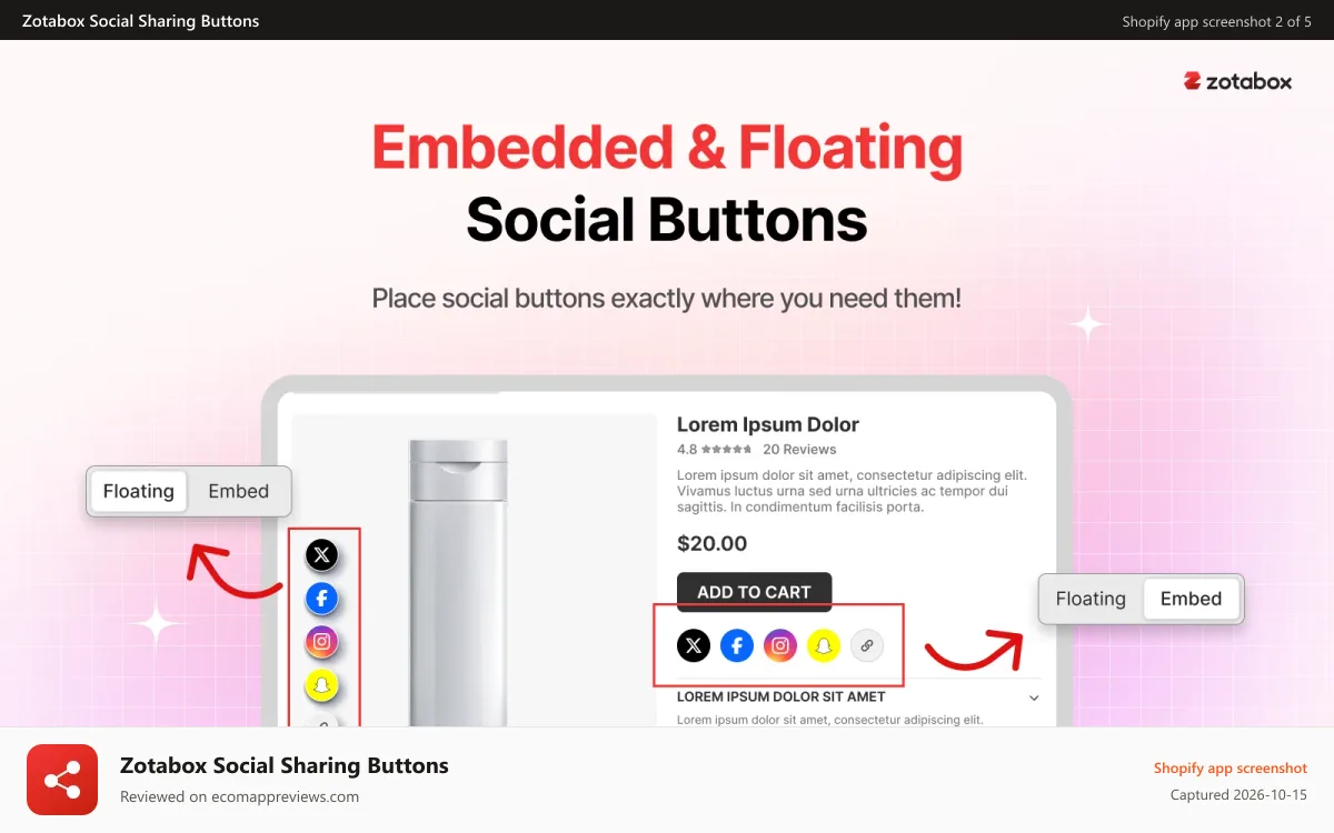 Zotabox Social Sharing Buttons Shopify app screenshot: Embedded & Floating Social. Buttons