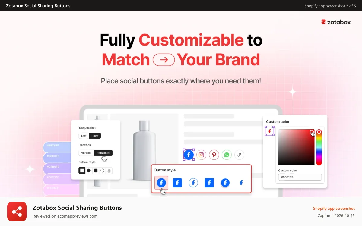 Zotabox Social Sharing Buttons Shopify app screenshot: Fully Customizable