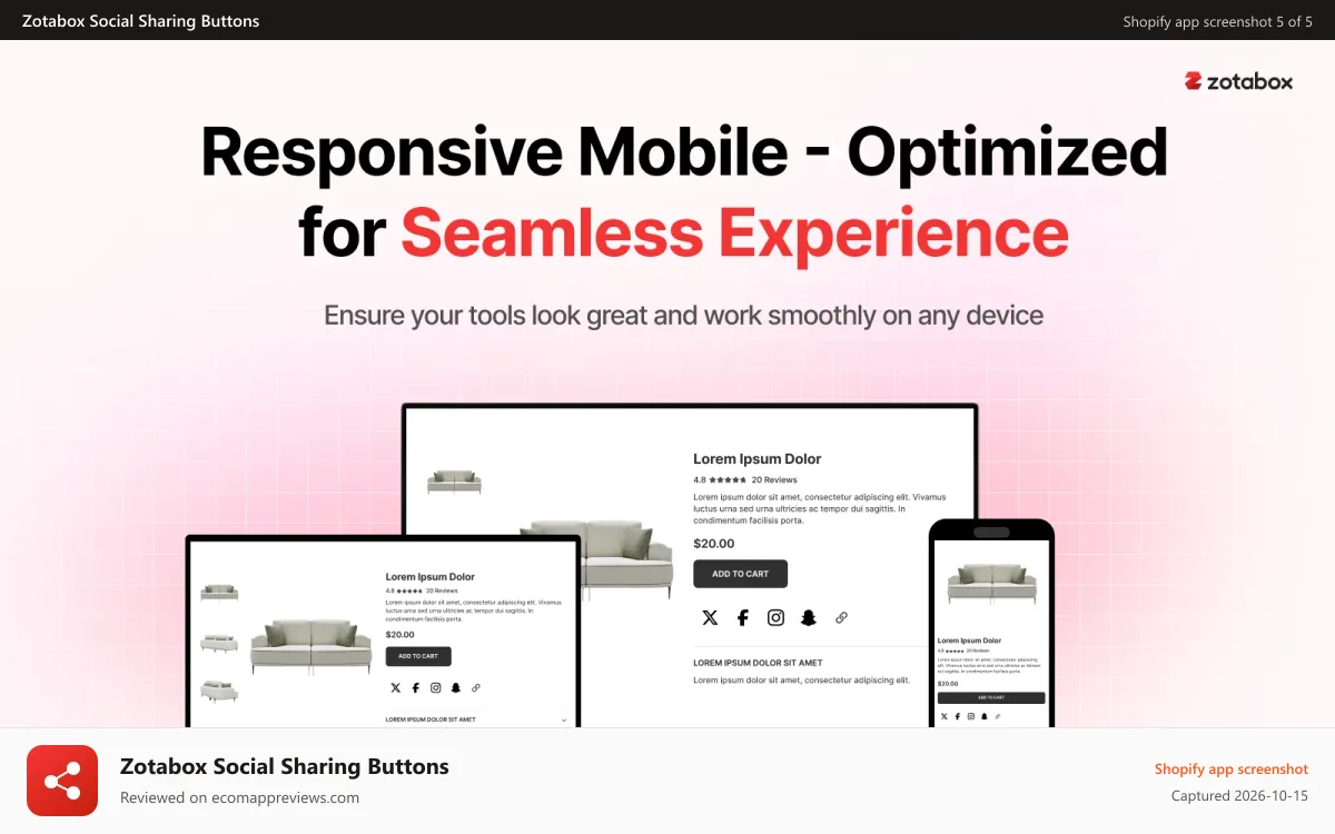 Zotabox Social Sharing Buttons Shopify app screenshot: Responsive Mobile - optimize