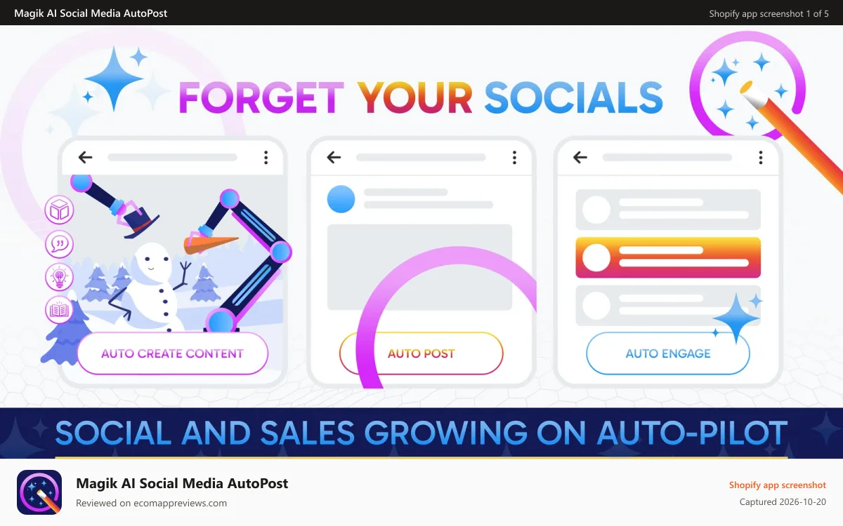 Magik AI Social Media AutoPost Shopify app screenshot: magik social media auto post presentation
