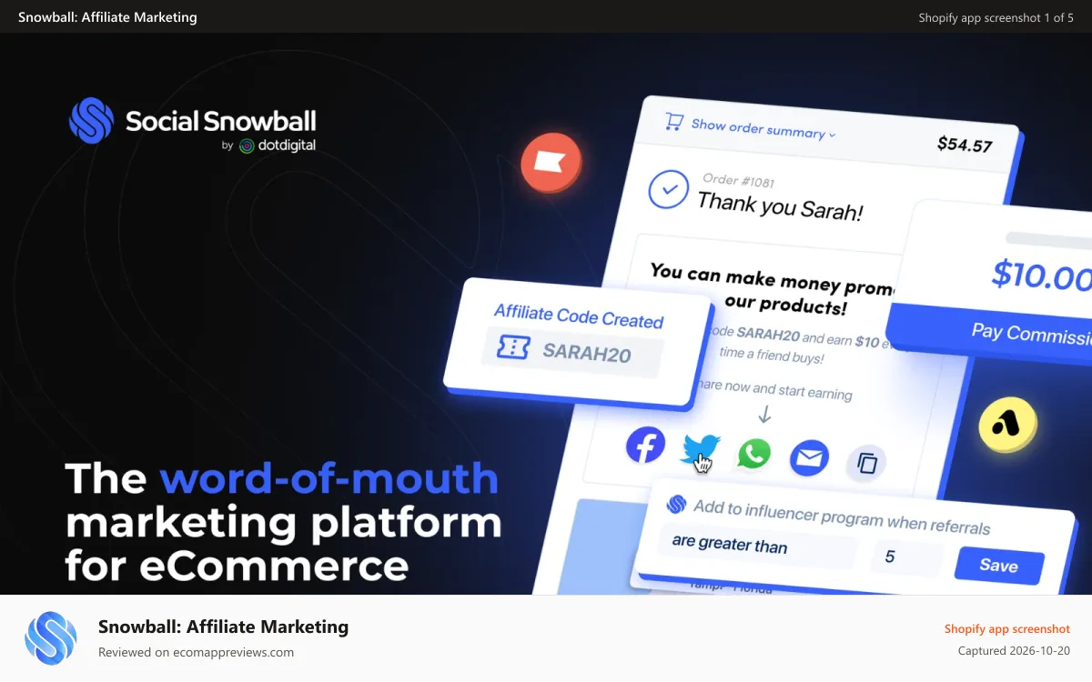 Snowball: Affiliate Marketing Shopify app screenshot: Social Snowball