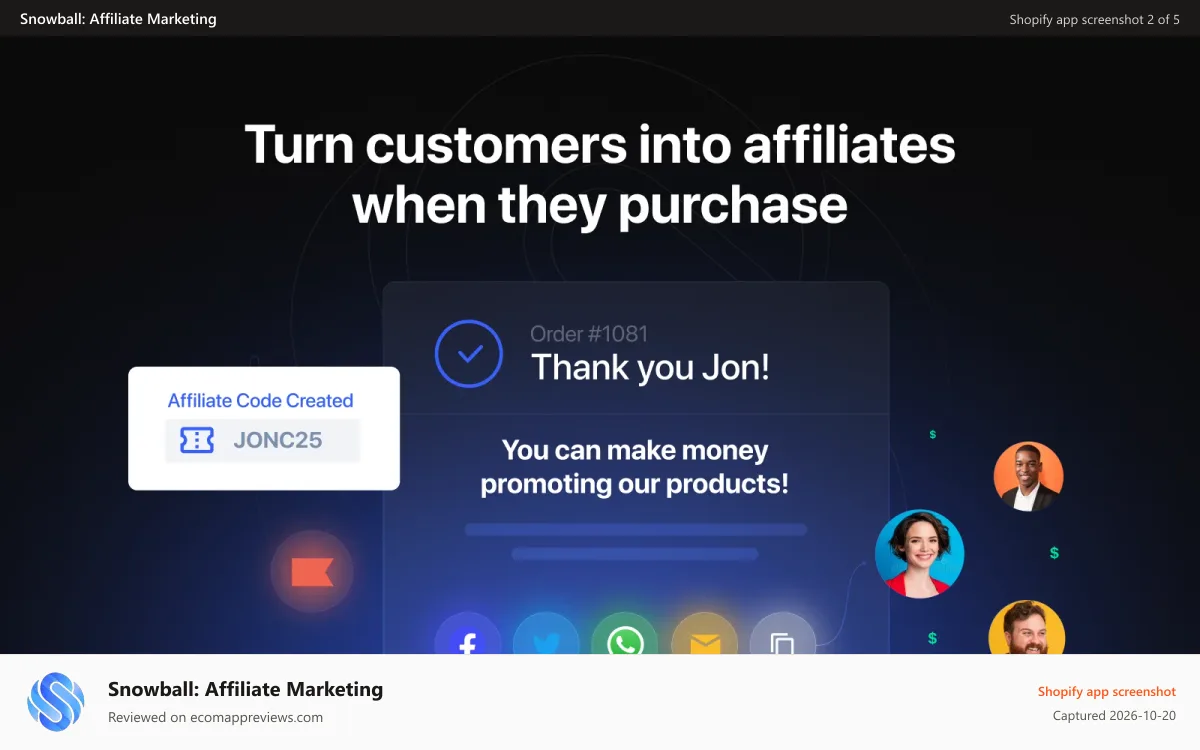 Snowball: Affiliate Marketing Shopify app screenshot: Turn customers into affiliates