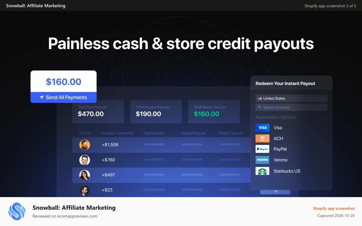 Snowball: Affiliate Marketing Shopify app screenshot: Sending commission payouts
