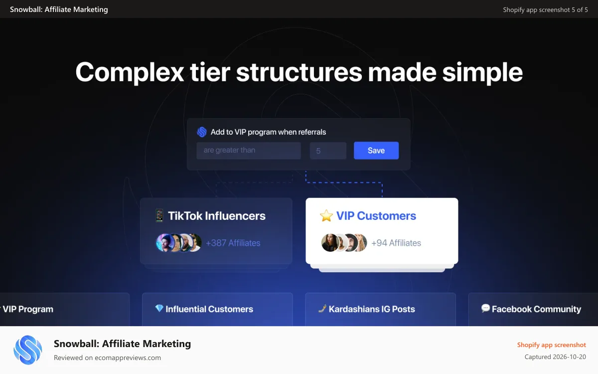 Snowball: Affiliate Marketing Shopify app screenshot: Programs, tiers, segmentation
