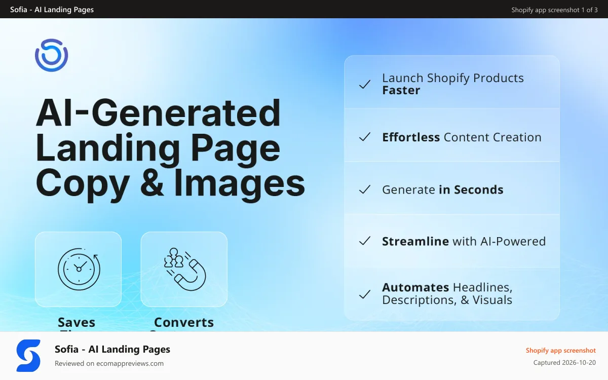 Sofia ‑ AI Landing Pages Shopify app screenshot: Generate landing pages with AI