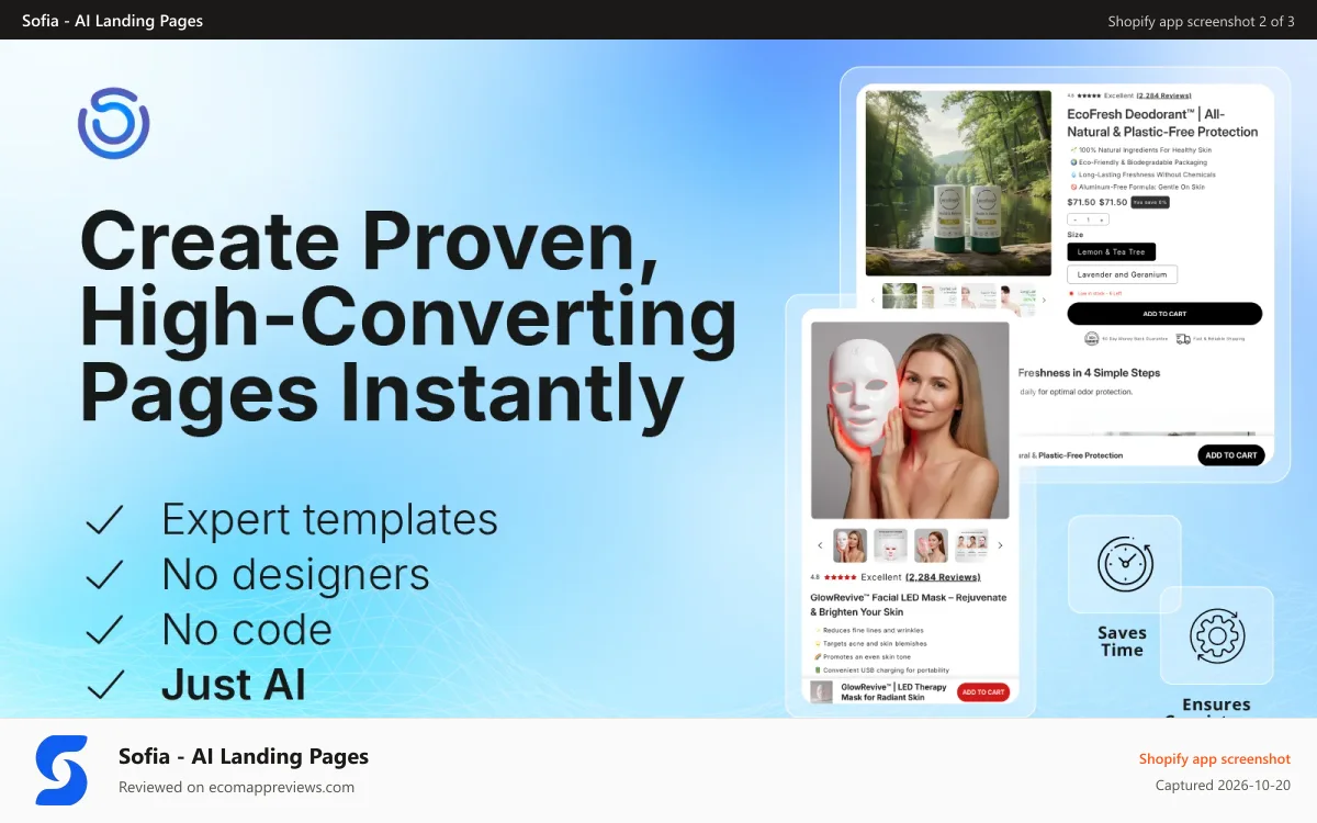 Sofia ‑ AI Landing Pages Shopify app screenshot: Proven High-Converting Pages Instantly
