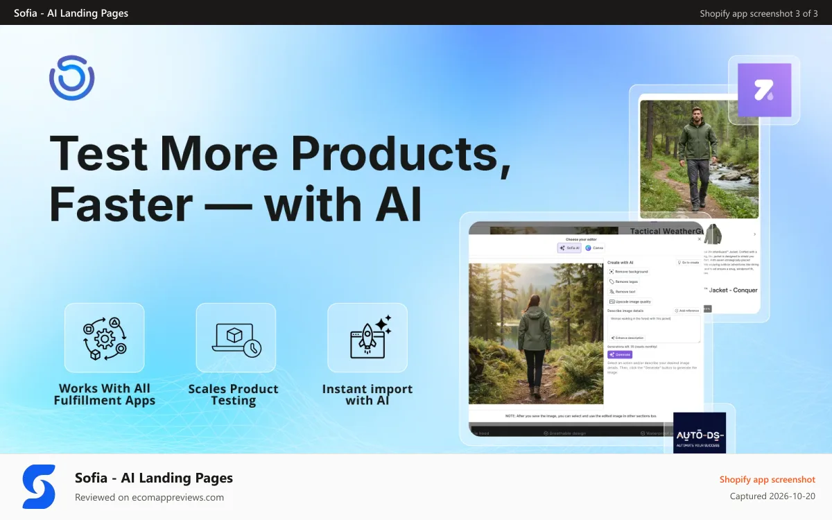 Sofia ‑ AI Landing Pages Shopify app screenshot: Save time and reduce costs with AI.