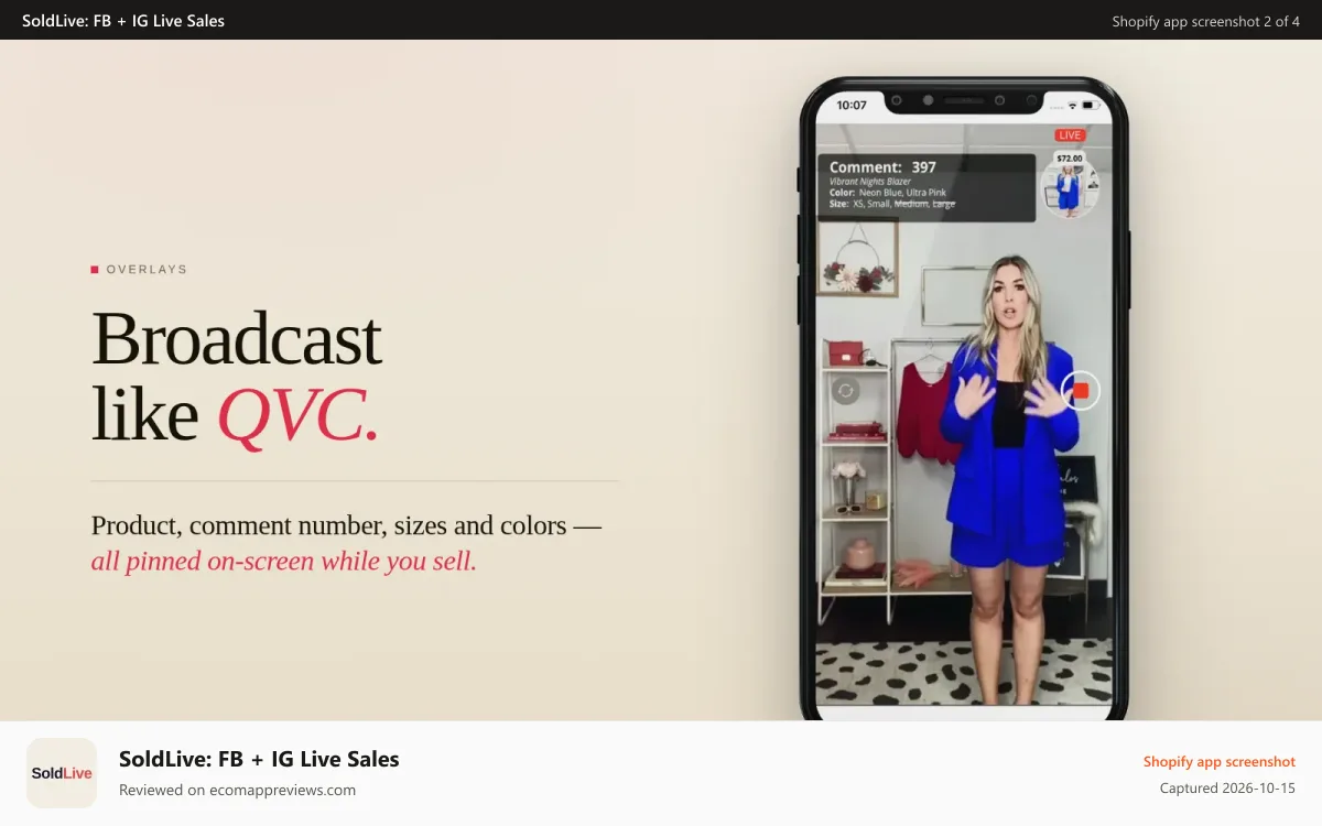 SoldLive: FB + IG Live Sales Shopify app screenshot: CommentSold