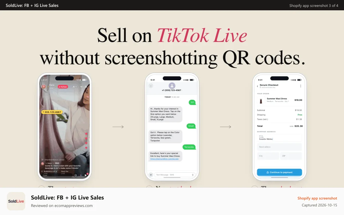 SoldLive: FB + IG Live Sales Shopify app screenshot: TikTok Shop