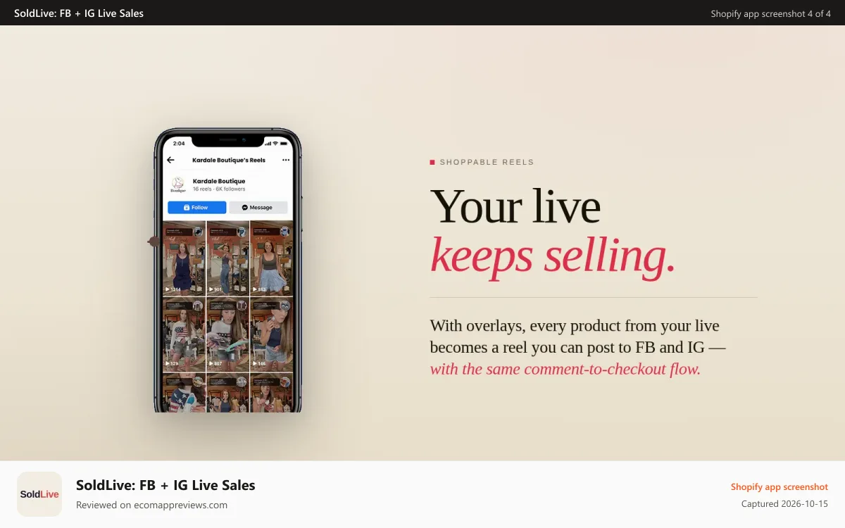 SoldLive: FB + IG Live Sales Shopify app screenshot: Shoppable Reels