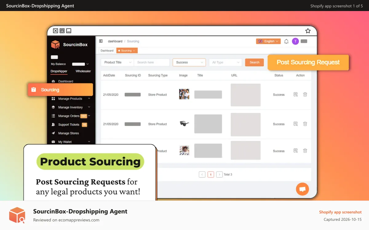 SourcinBox‑Dropshipping Agent Shopify app screenshot: sourcinbox product sourcing