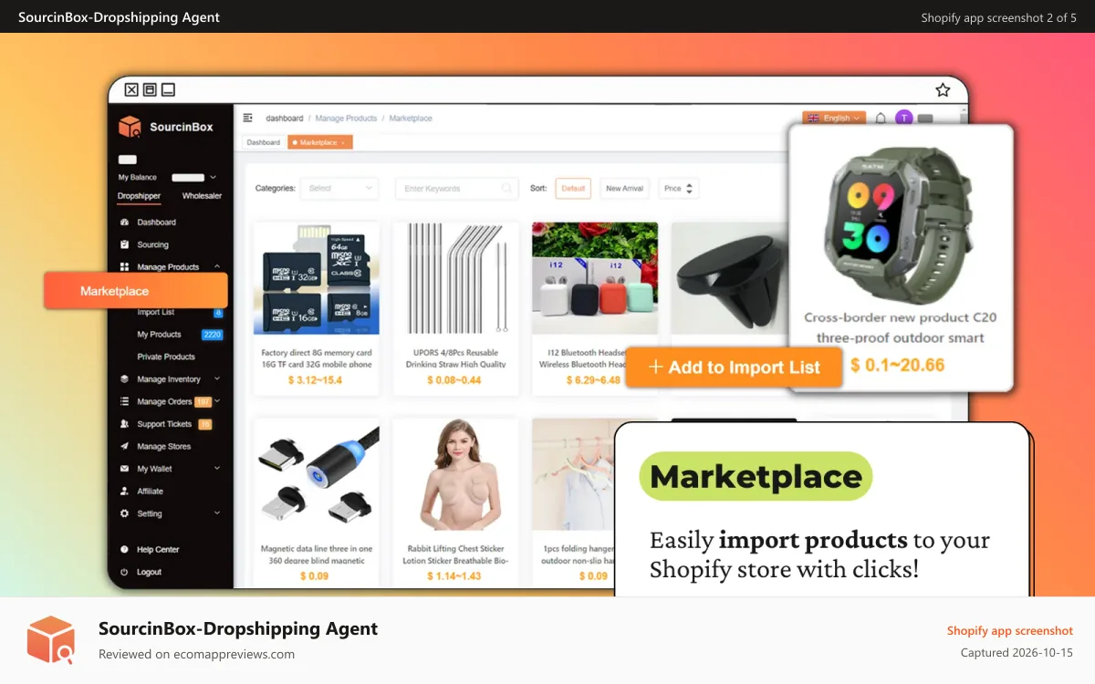 SourcinBox‑Dropshipping Agent Shopify app screenshot: sourcinbox marketplace