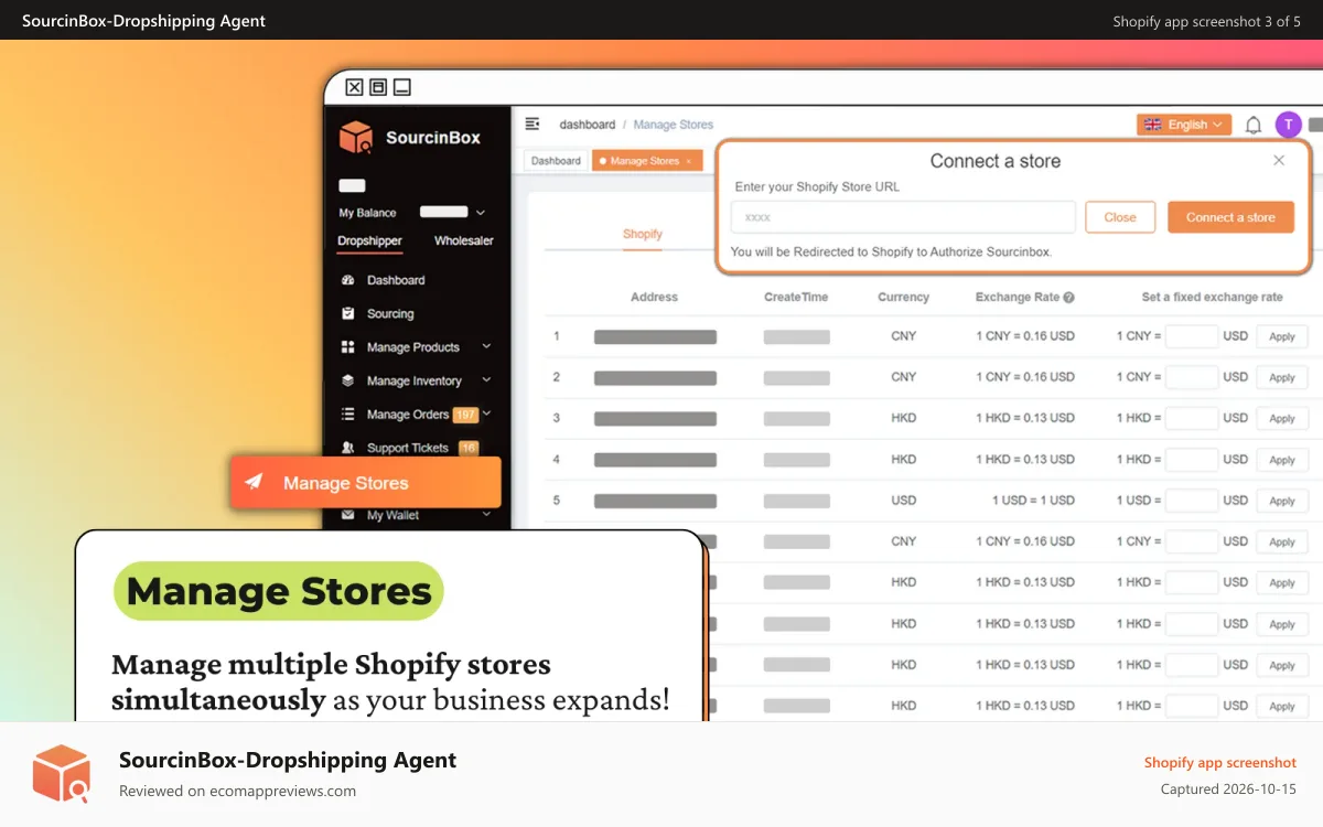 SourcinBox‑Dropshipping Agent Shopify app screenshot: sourcinbox manage stores