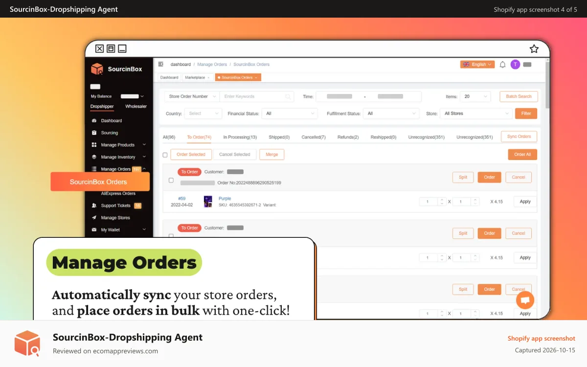 SourcinBox‑Dropshipping Agent Shopify app screenshot: sourcinbox manage orders