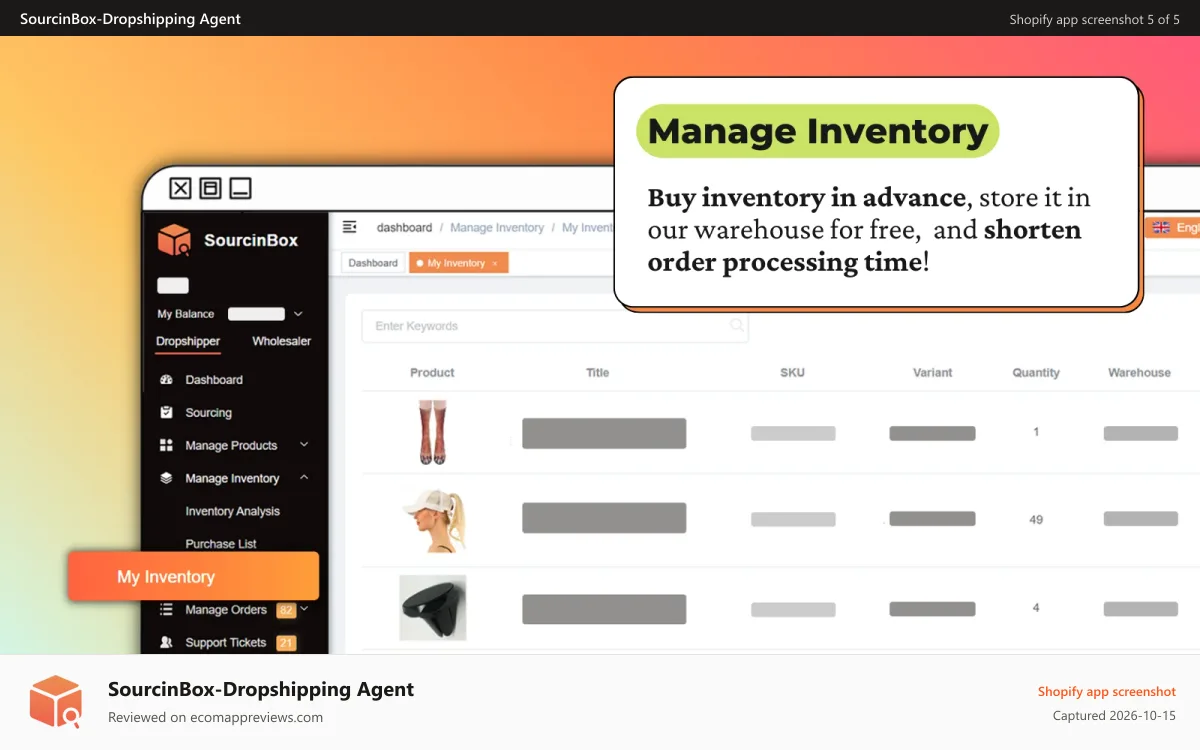 SourcinBox‑Dropshipping Agent Shopify app screenshot: sourcinbox manage inventory