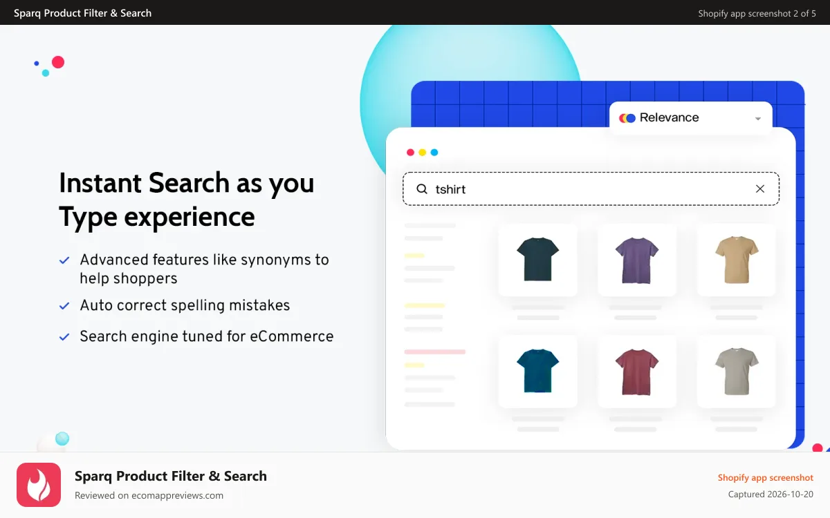 Sparq Product Filter & Search Shopify app screenshot: Instant search with typo tolerance and suggestions