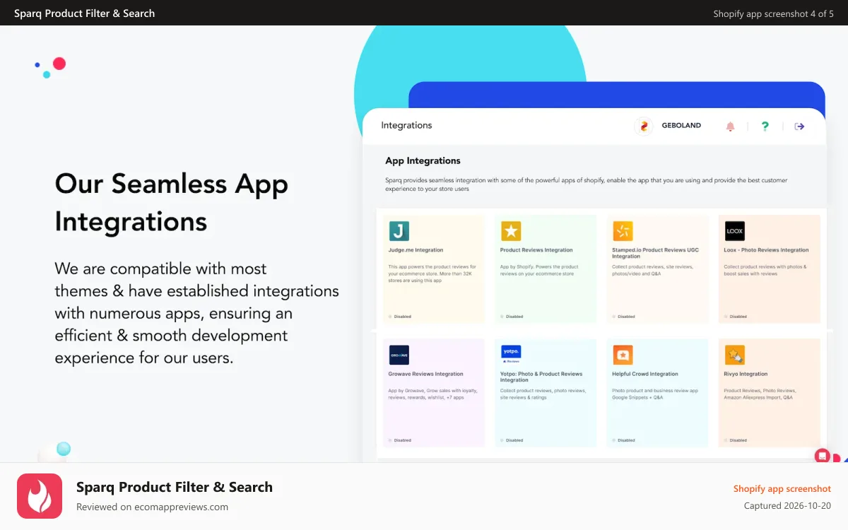 Sparq Product Filter & Search Shopify app screenshot: Sparq integrations with review and wishlist apps