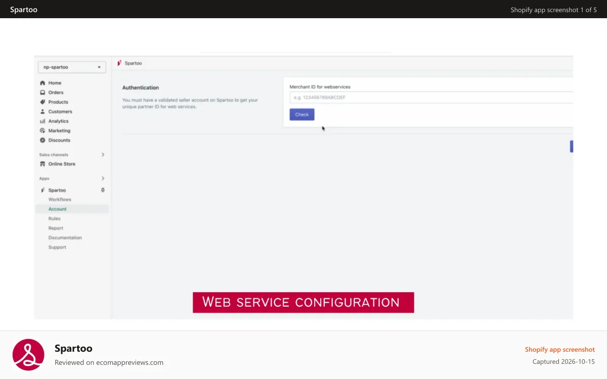 Spartoo Shopify app screenshot: Web service configuration - Spartoo Fashion Marketplace