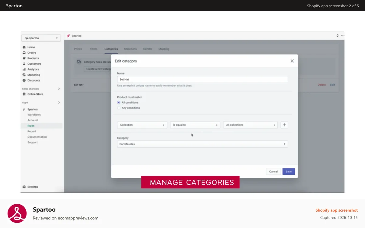 Spartoo Shopify app screenshot: Manage Categories - Spartoo Fashion Marketplace