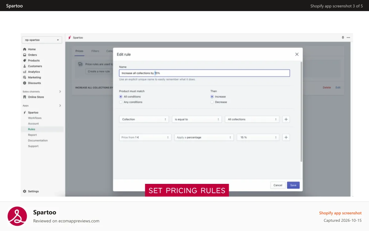 Spartoo Shopify app screenshot: Set Pricing Rules - Spartoo Fashion Marketplace