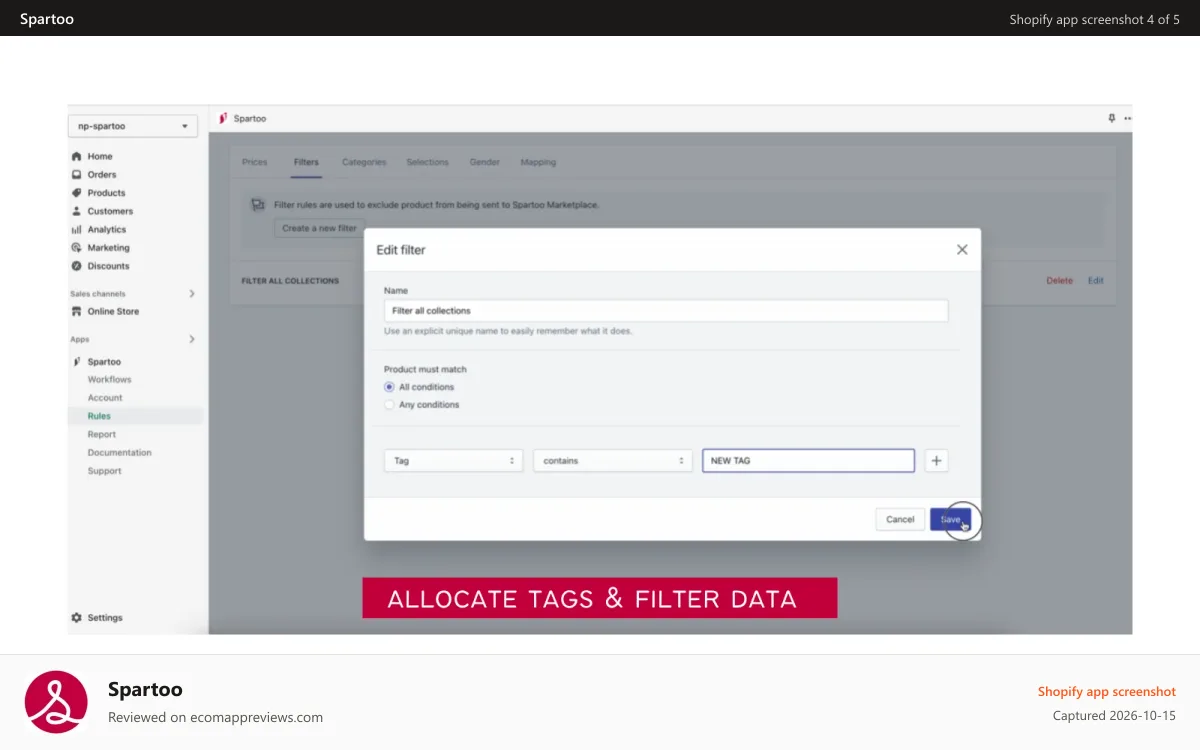 Spartoo Shopify app screenshot: Allocate tags & Filter data - Spartoo Fashion Marketplace