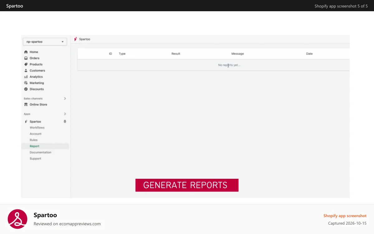 Spartoo Shopify app screenshot: Generate Reports - Spartoo Fashion Marketplace