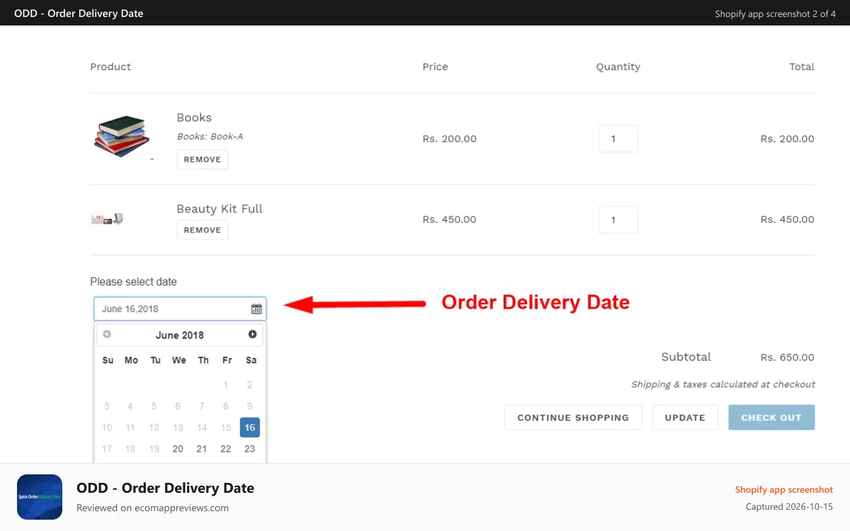 ODD ‑ Order Delivery Date Shopify app screenshot: Date Picker on the Cart Page