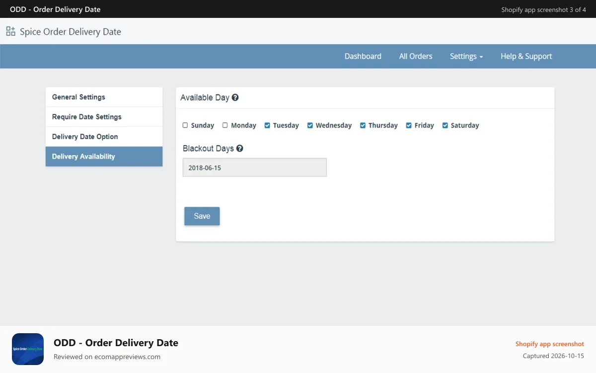 ODD ‑ Order Delivery Date Shopify app screenshot: Settings Page Admin Panel