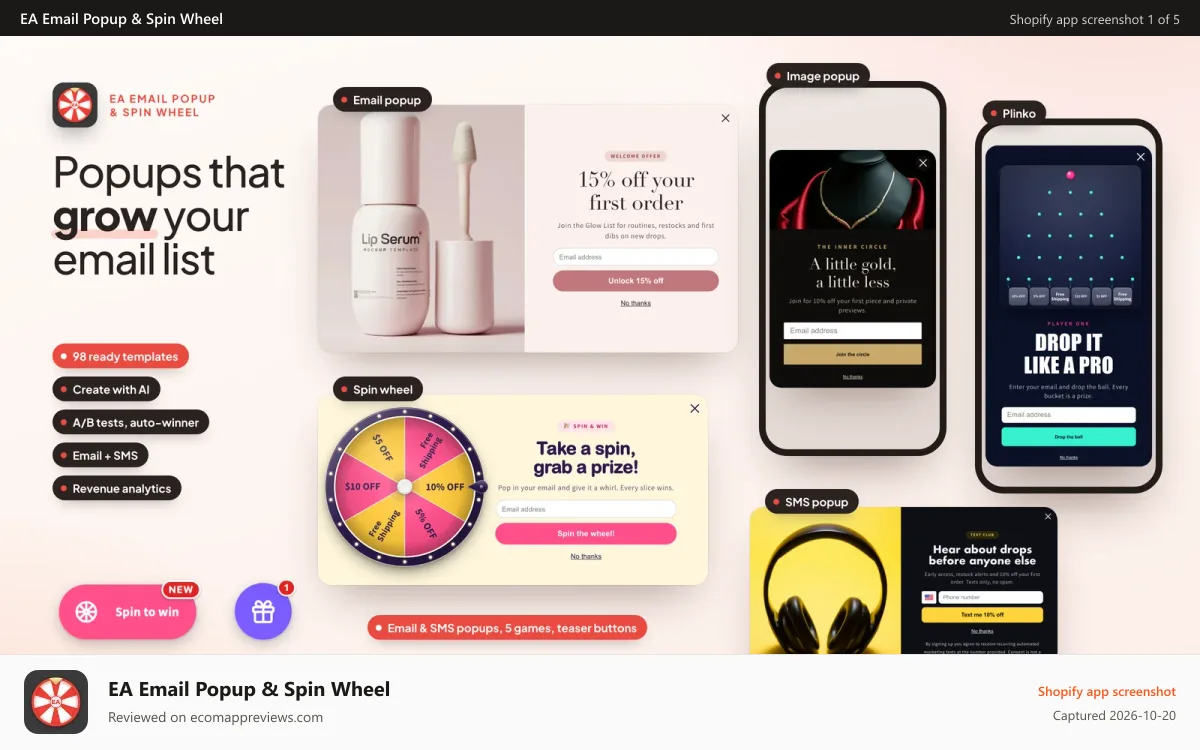 EA Email Popup & Spin Wheel Shopify app screenshot: Email, image and SMS popups plus spin wheel and Plinko games