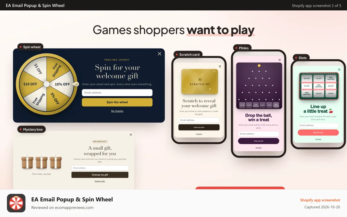 EA Email Popup & Spin Wheel Shopify app screenshot: Spin wheel, mystery box, scratch card, Plinko and slots