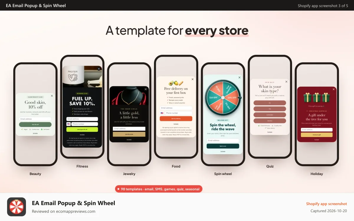 EA Email Popup & Spin Wheel Shopify app screenshot: Popup templates for beauty, fitness, jewelry, food and more