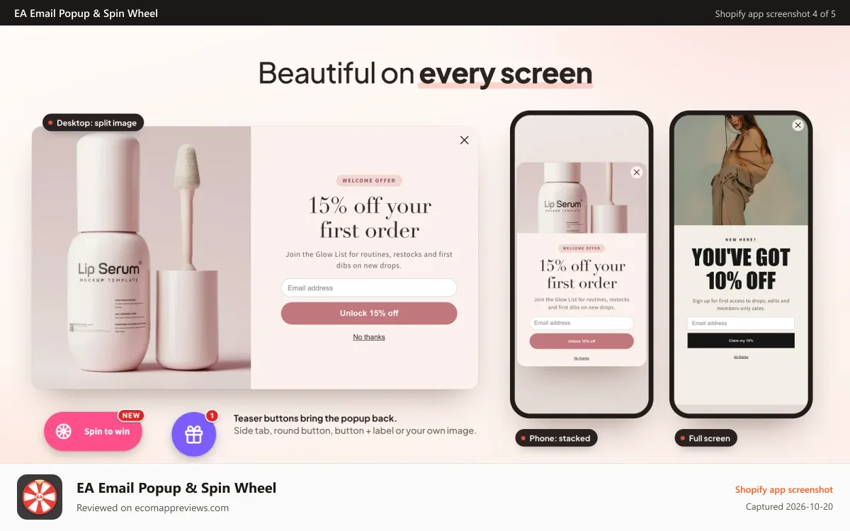 EA Email Popup & Spin Wheel Shopify app screenshot: Popup on desktop and phone, with teaser buttons