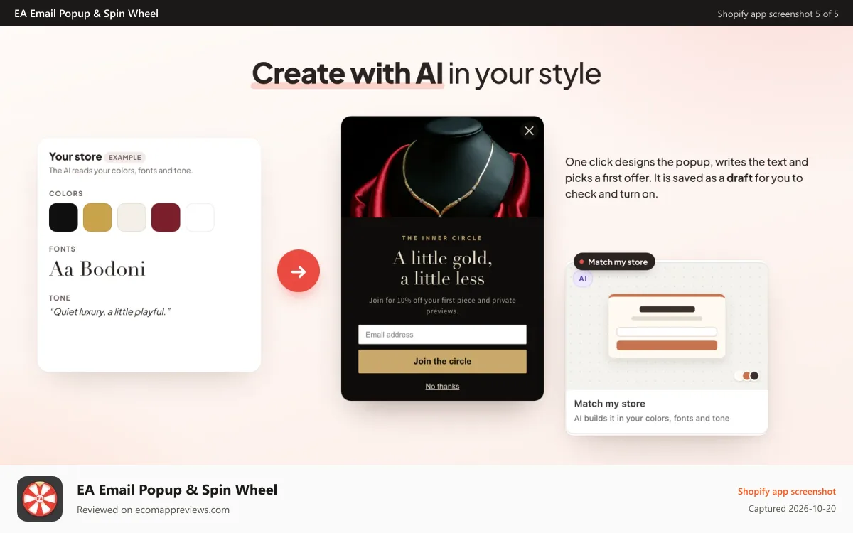 EA Email Popup & Spin Wheel Shopify app screenshot: AI builds a popup from the store colors, fonts and tone