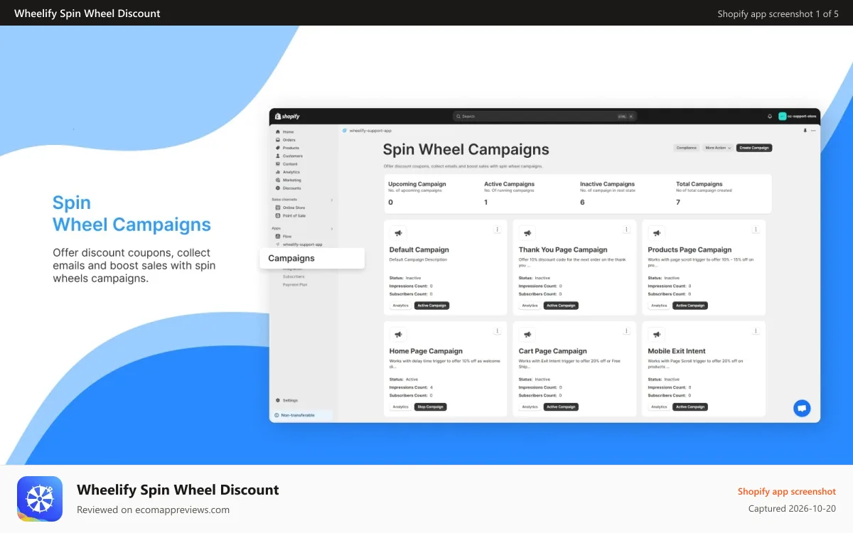 Wheelify Spin Wheel Discount Shopify app screenshot: Spin the wheel email popup with A/B testing & multiple campaigns