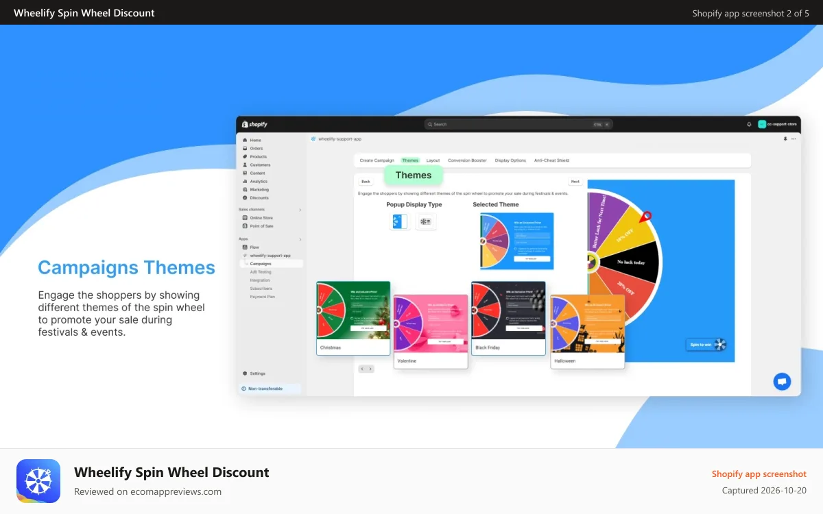 Wheelify Spin Wheel Discount Shopify app screenshot: BFCM and holiday spin wheel popup themes for Shopify