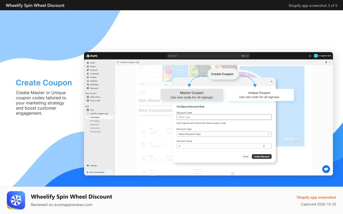 Wheelify Spin Wheel Discount Shopify app screenshot: Automatic unique discount code delivery after spin to win