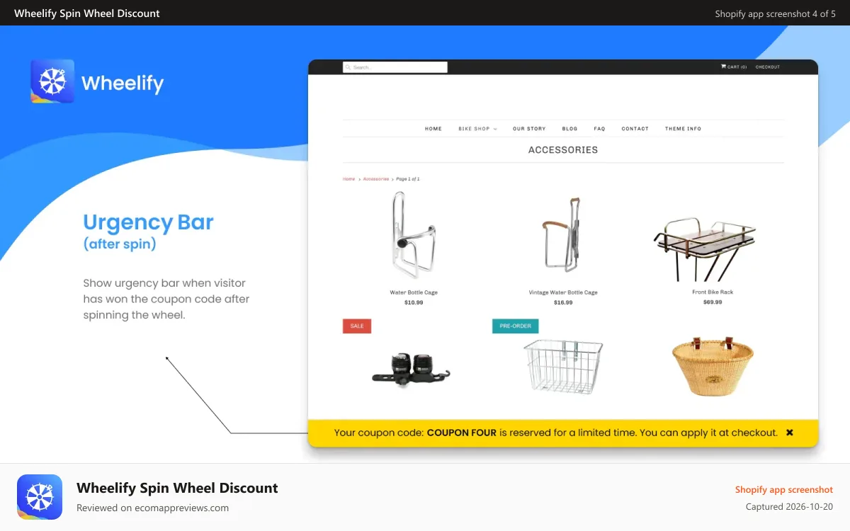 Wheelify Spin Wheel Discount Shopify app screenshot: Countdown timer bar for flash sale and exit intent campaigns