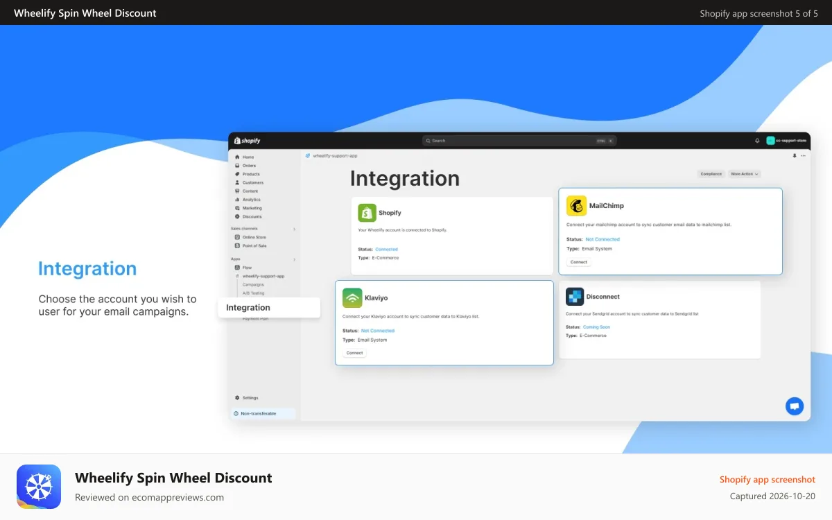 Wheelify Spin Wheel Discount Shopify app screenshot: Wheelify integrations: Klaviyo, Mailchimp, SendGrid email market