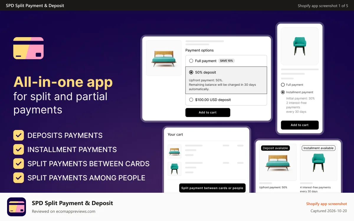 SPD Split Payment & Deposit Shopify app screenshot: SPD Split Payment & Deposit