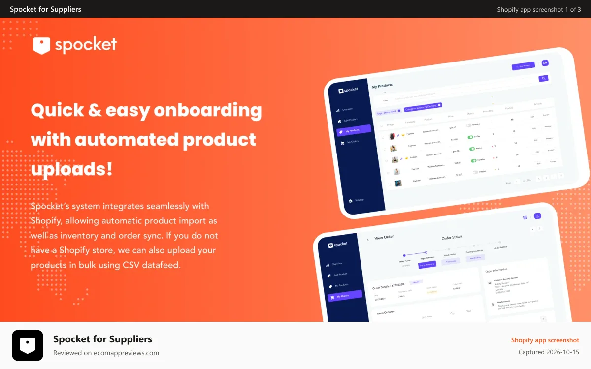 Spocket for Suppliers Shopify app screenshot: Quick & easy onboarding with automated product uploads!