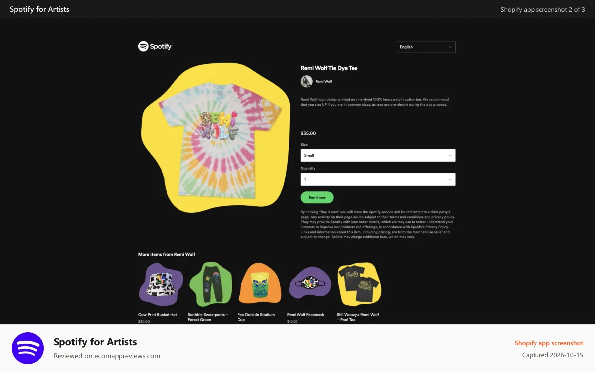 Spotify for Artists Shopify app screenshot: Product details page for Remi Wolf’s Tie Dye Tee