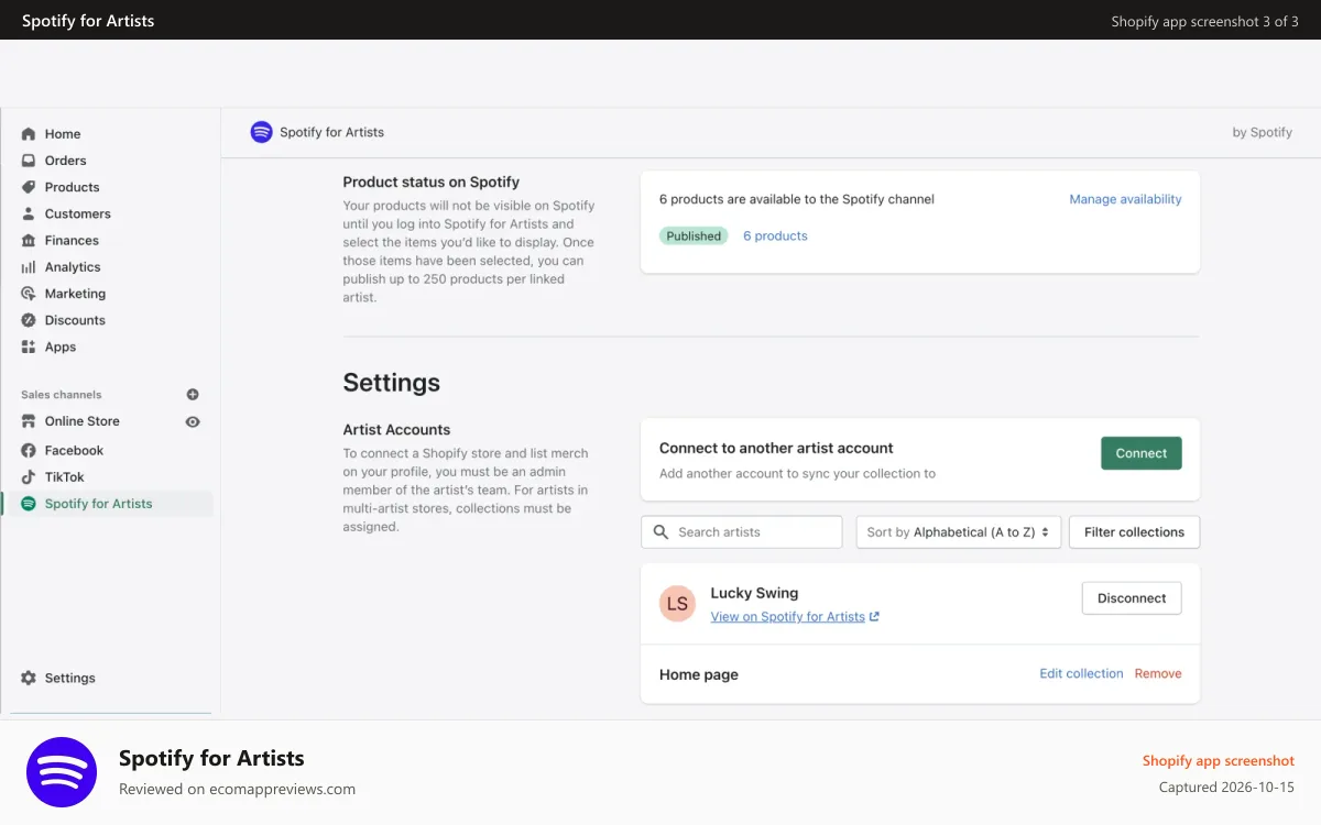 Spotify for Artists Shopify app screenshot: Shopify store admin view showing artist connection screen