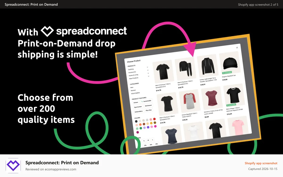Spreadconnect: Print on Demand Shopify app screenshot: Spreadconnect: 350+ items for every taste, style, and budget