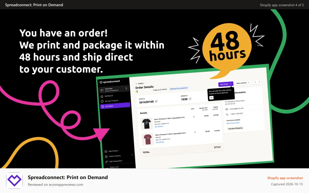 Spreadconnect: Print on Demand Shopify app screenshot: Spreadconnect by Spreadshirt: Fastest Production Best Price