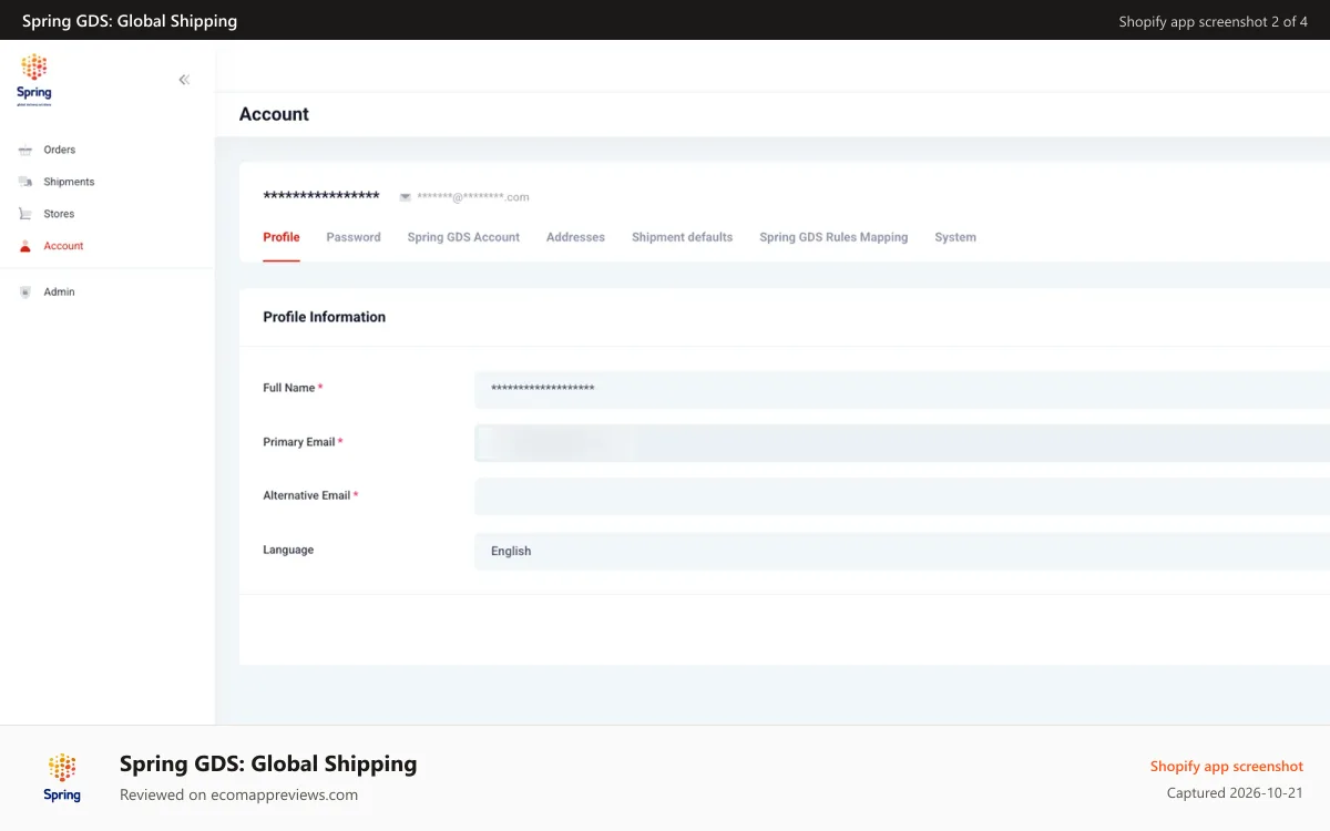 Spring GDS: Global Shipping Shopify app screenshot: Unified Dashboard Simplifies International Shipping