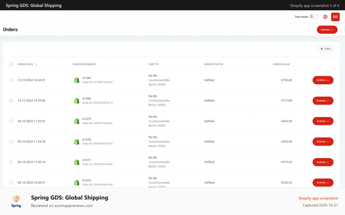 Spring GDS: Global Shipping Shopify app screenshot: Automated Order Import and Filtering for Cross-Border Commerce