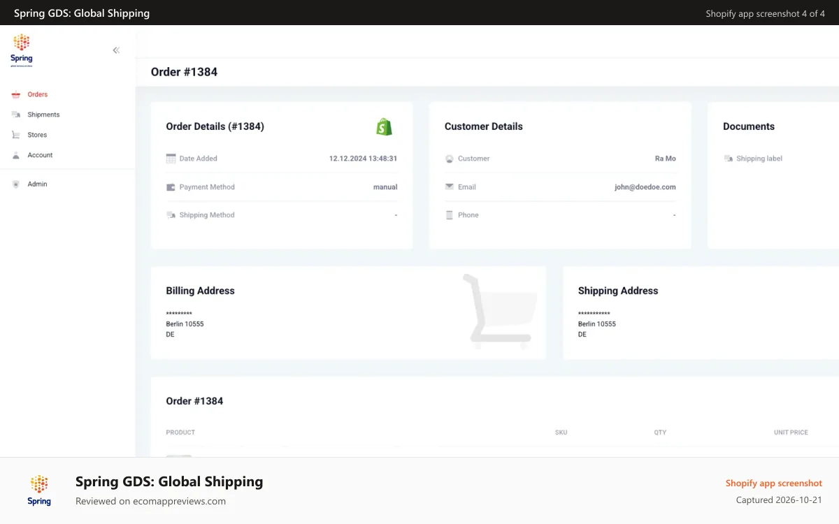 Spring GDS: Global Shipping Shopify app screenshot: Order Details and International Shipping Management Actions