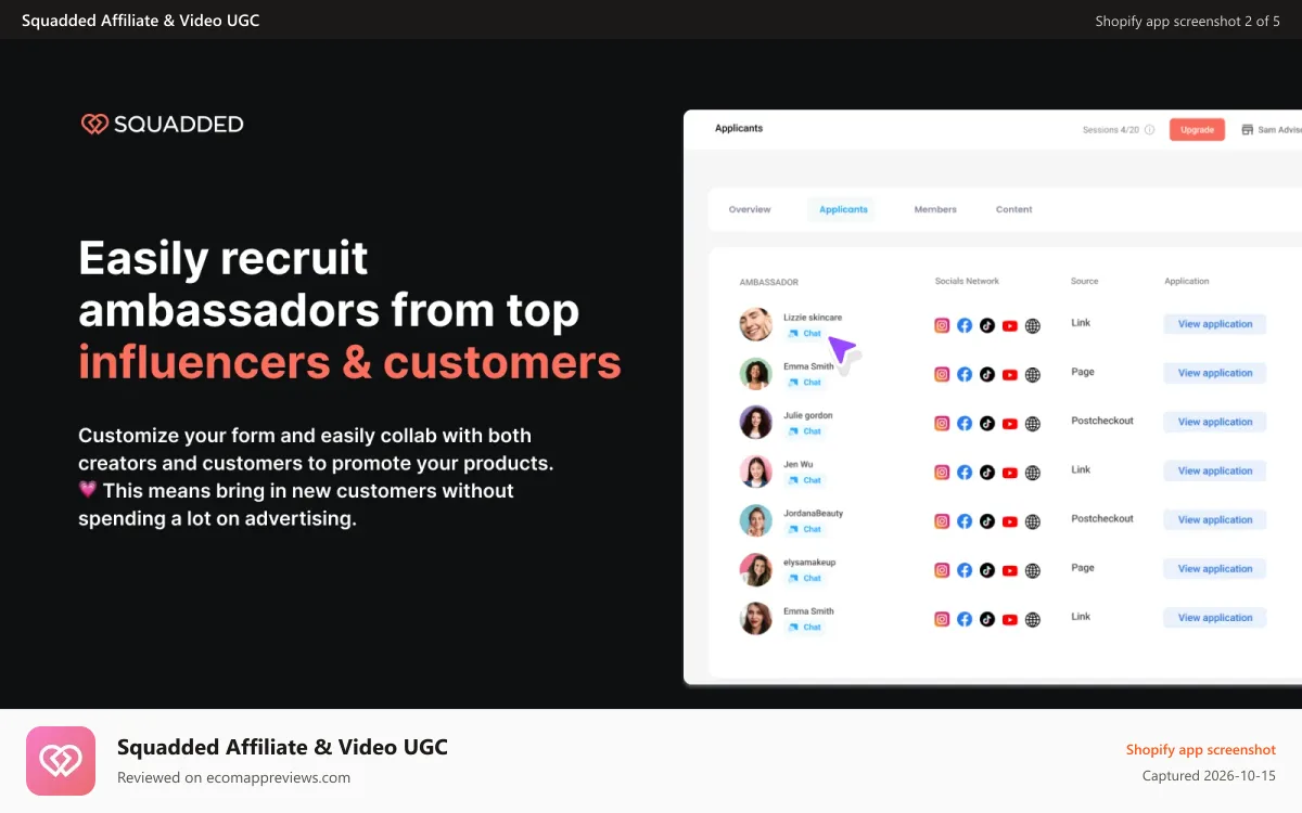 Squadded Affiliate & Video UGC Shopify app screenshot: Easily recruit ambassadors from your top customers & influencers
