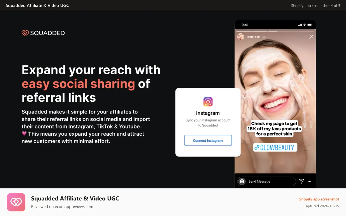 Squadded Affiliate & Video UGC Shopify app screenshot: Collab with influencers through Instagram sharing